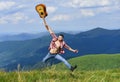 Happiness. hipster fashion. western camping and hiking. happy and free. cowboy man with bare muscular torso. acoustic Royalty Free Stock Photo