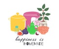 Happiness is homemade lettering with calligraphic font and decorated with kitchenware for cooking food vector