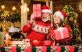 Happiness and joy. Festive tradition. Santa Claus exists. Believe in Santa Claus. Santa bring gifts little girl Royalty Free Stock Photo