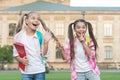 Happiness and joy. Smiling friends having fun at school yard. Happy schoolmates. School camp. Modern education. Teens Royalty Free Stock Photo