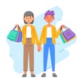 Happiness joyful shopaholic stylish fashionable couple at retail mall store carrying shopping bags