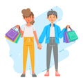 Happiness joyful shopaholic stylish fashionable couple at retail mall store carrying shopping bags