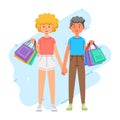 Happiness joyful shopaholic stylish fashionable couple at retail mall store carrying shopping bags