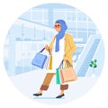 Happiness joyful shopaholic stylish fashionable hijab muslim woman at retail mall store carrying shopping bags