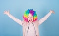 Happiness is living life from the inside out. Happy little girl child wearing bright wig hair smiling with happiness Royalty Free Stock Photo