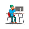 happiness man hipster create cute image on computer cartoon vector