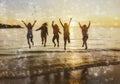 happiness man vacation evening ocean fun youth group jump sunset friend. Generative AI. Royalty Free Stock Photo