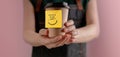 Happiness Mind, Mental Health, Enjoying Life Concept. Barista Giving a Hot Cup of Coffee to customer with Positive Note. Start a