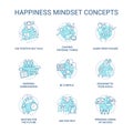 Happiness mindset blue concept icons set