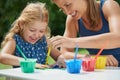 Happiness, mother and daughter painting, fun with art and messy with watercolor creativity outdoor. Woman with girl, mom