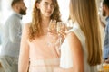 People clinking glasses with wine or champagne. Happy cheerful friends celebrate holidays, meeting. Close up shot of Royalty Free Stock Photo