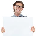Happiness, portrait and man with poster for mockup in studio isolated on white background. Board, glasses and funny male