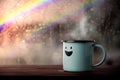 Happiness and Positive Mind, Mental Health Concept. Enjoying Coffee with Smiling Face Cartoon, Blurred Rain with Rainbow