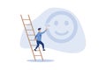 Happiness and positive thinking, optimism or motivation to live happy life concept, happy boy climb up ladder to paint smile face Royalty Free Stock Photo