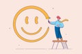 Happiness and positive thinking, optimism or motivation to live happy life concept, happy boy climb up ladder to paint Royalty Free Stock Photo