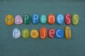 Happiness Project text composed with multi colored stone letters over green sand Royalty Free Stock Photo