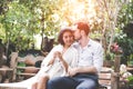 Happiness and romantic scene of love asian couples partners making eye contact and kiss Royalty Free Stock Photo