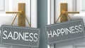 Happiness or sadness as a choice in life - pictured as words sadness, happiness on doors to show that sadness and happiness are
