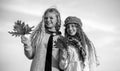 Happiness. stylish sisters in fall beret. autumn trends. kid fashion look. clear sky weather. happy childhood