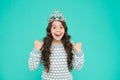 Happiness and success. Lady small baby princess. Number one. Kid wear golden crown symbol of princess. Girl cute baby Royalty Free Stock Photo