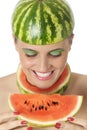 Happiness with water melon Royalty Free Stock Photo