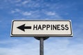 Happiness white road sign with arrow, arrow on blue sky background Royalty Free Stock Photo