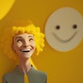 Happiness: woman with a bright smile and twinkling eyes against a cheerful yellow wall, symbolizing a sense of joy and