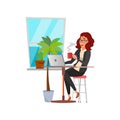 happiness woman drinking coffee working with laptop at desk cartoon vector