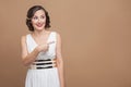 Happiness woman pointing finger at copy space Royalty Free Stock Photo