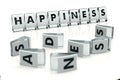 HAPPINESS word written on glossy blocks and fallen over blurry blocks with SADNESS letters, isolated on white background. Don`t