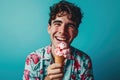 Happiness Yearold Man Eats Strawberry Ice Cream On Turquoise Background Royalty Free Stock Photo