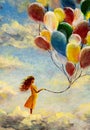 Oil painting young woman girl with multicolored balloons stands on cloud in sky. Royalty Free Stock Photo