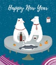 Happu New Year poster. Lovers are sitting at the table in the new year. New year postcard. Blue background.