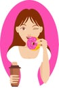 Cute little girl eating donut and drinking coffee Vector illustration Royalty Free Stock Photo