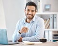 Happy, accountant man planning and laptop in business smile for job, career and plan at the office desk. Portrait of a Royalty Free Stock Photo