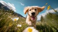 a Happy Acive Golden Retiever Puppy Cute Dog Romp in the Valley Meadow with the Bautiful Wild Flowers, Dog Running trough Meadow. Royalty Free Stock Photo