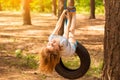 Happy active child girl playing on swing wheel in forest on sunny summer day. Preschool child having fun and swinging on a tire Royalty Free Stock Photo