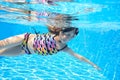 Happy active child swims freestyle in pool, underwater view