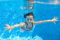 Happy active child swims underwater in pool