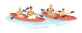 Happy active family with kids rafting on kayak or canoe along river in summer. Parents and children rowing with paddles Royalty Free Stock Photo