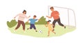 Happy active family playing football or soccer outdoors. Kids and parents spending time together in summer. Colored flat Royalty Free Stock Photo