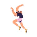 Happy active girl jumping. Young carefree woman in funny pose. Energetic joyful female character with fun, joy Royalty Free Stock Photo