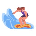 Happy active girl riding surfboard on summer holiday. Woman surfer on board catching a wave on vacation. Surfing Royalty Free Stock Photo