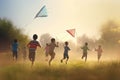 Happy active kids running playing flying kites on grass across field surrounded by trees backs to us Royalty Free Stock Photo