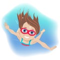 Happy childhood concept. Happy active little girl wearing goggles swimming underwater in a swimming pool during her