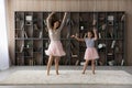 Happy active mom and little daughter girl wearing princess skirts Royalty Free Stock Photo