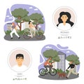 Happy active people riding bicycle, jogging, walking dog in city park, vector flat illustration Royalty Free Stock Photo