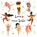 Happy active plus size girls with hearts, flowers and twigs. Love your body, body positive, feminism poster