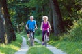 Happy and active senior couple riding bicycles outdoors in the park Royalty Free Stock Photo