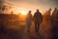 Happy active senior couple walking and holding hands outdoors.AI generated